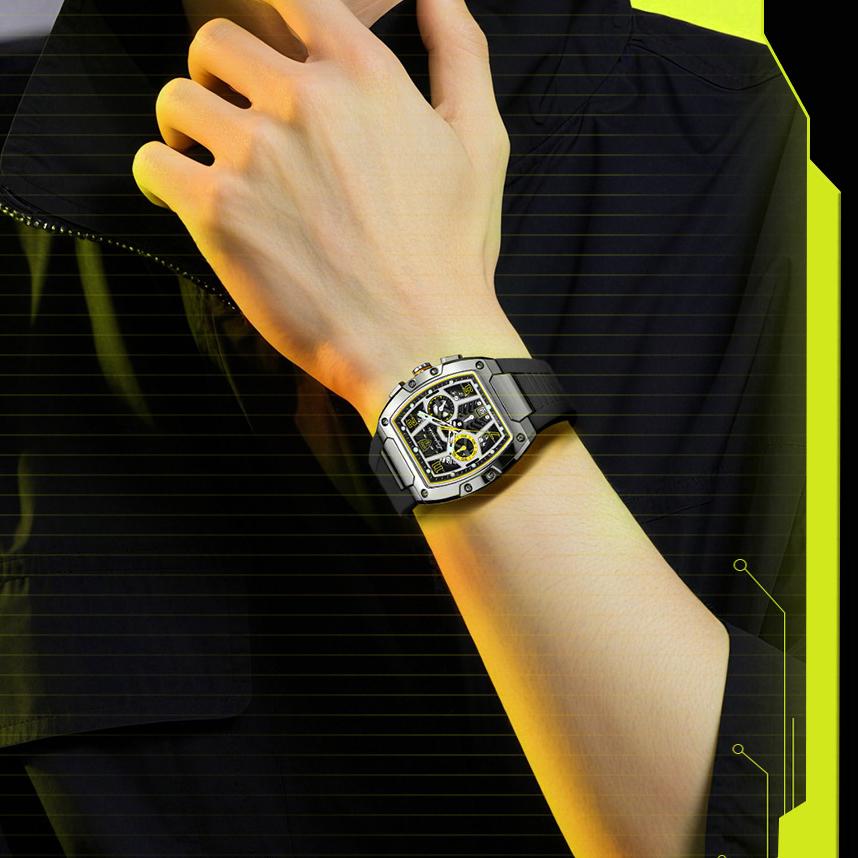 Multifunction Quartz Watches Mens Large Dial Fashion Tonneau Chronograph Watch Sports Silicone Strap,Date,Luminous