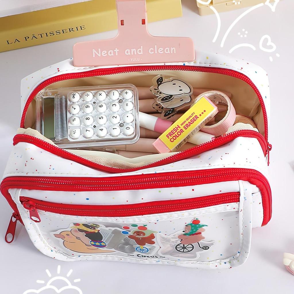 Lovely Circus Flip Pencil Case Pen Bag Minimalist Cartoon Animal Dalmatlans Croissant Multi-Layer Stationery Pouch