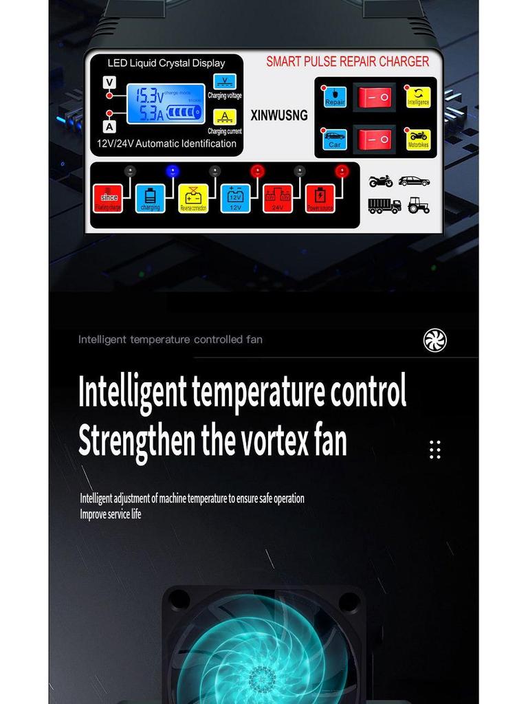 Intelligent High-Power Pure Copper Pulse Repair Charger for 12-24V Motorcycle Batteries