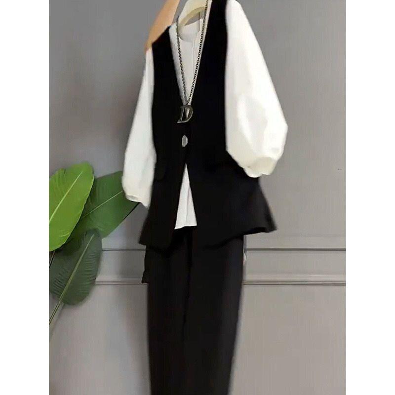Trendy Plus Size Women's Slimming Three-Piece Set: Lantern Sleeve Shirt, Versatile Vest, and Pants
