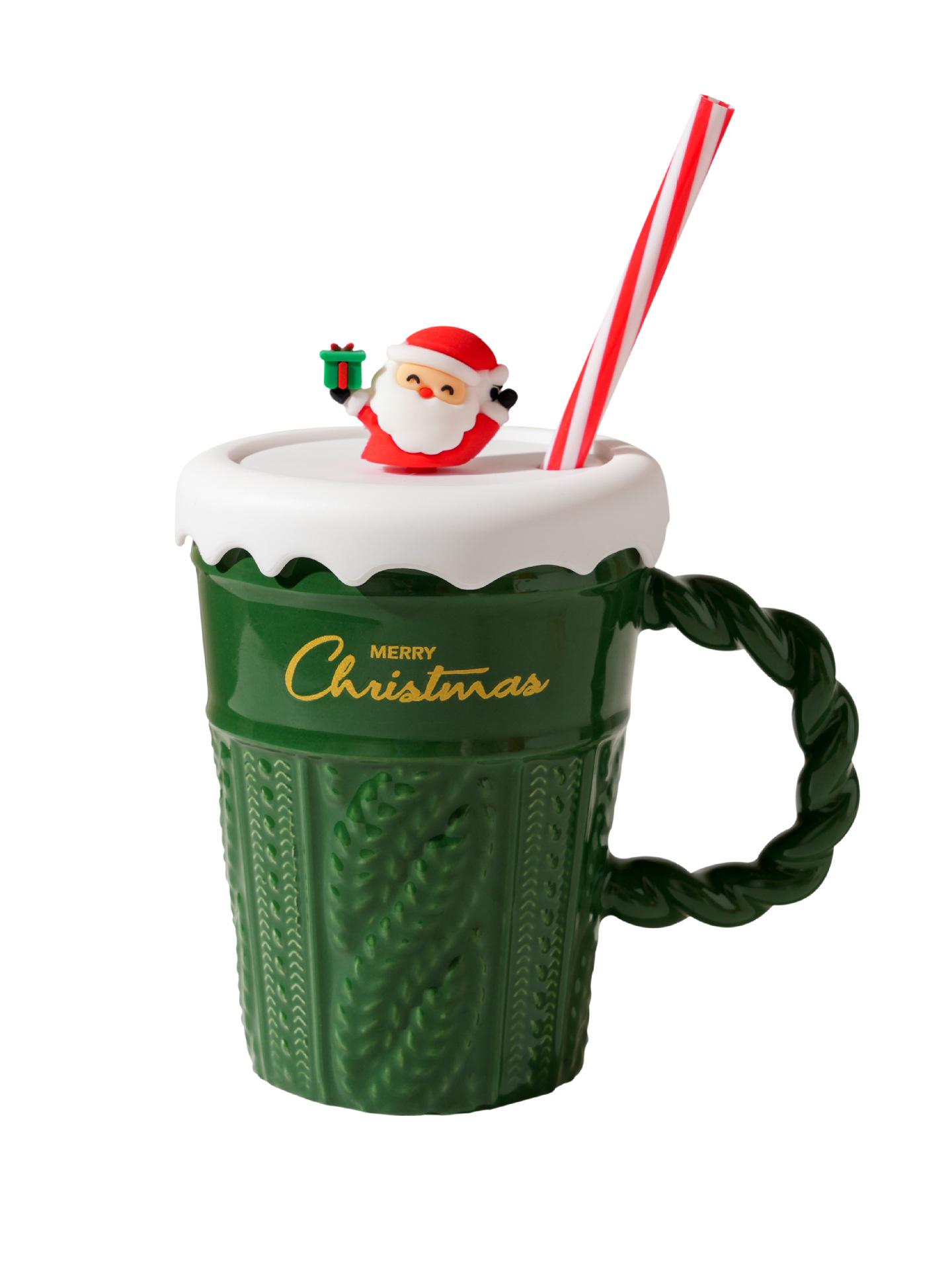 Creative Christmas Mug Ceramic Craft Water Cup Sweater with Lid Straw Ceramic Cup Couple Cup Valentine s Day Birthday Gift 401-500ml зелёный