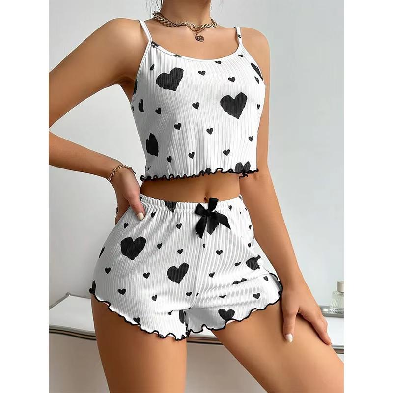 SummerWomen's Pajama Set Breathable Soft Casual Love Printed Design Sweet Home Strap Shorts Pajamas