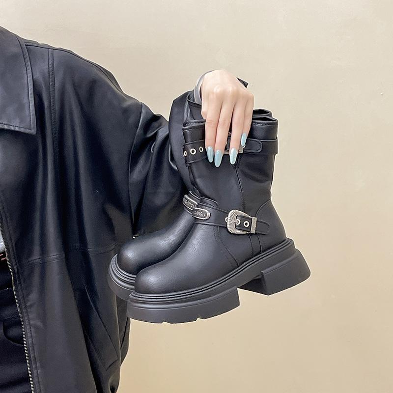 

Retro heightening leather boots women s autumn and winter French design belt buckle knight boots Maillard short boots European and American fashion 35 чёрный