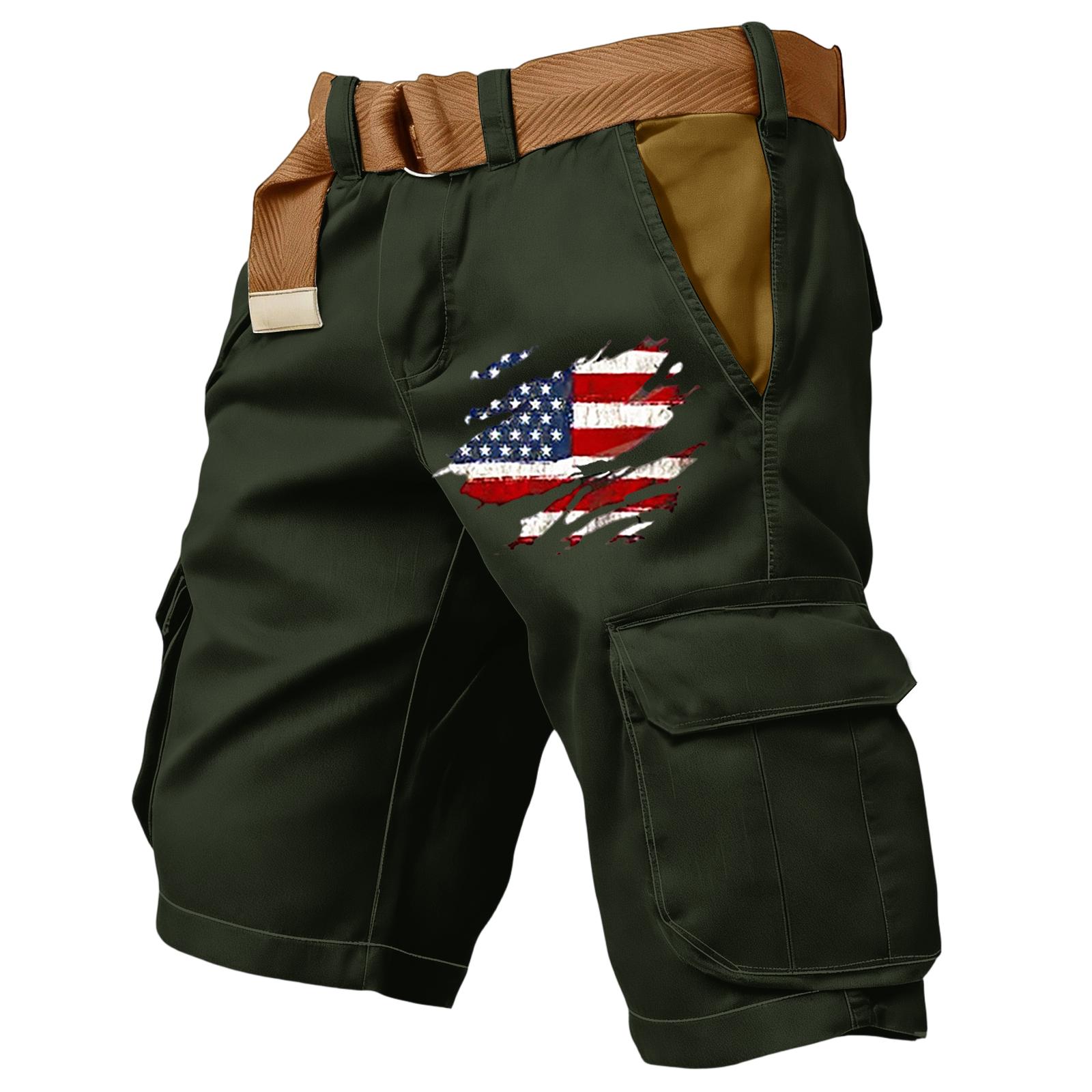 

Mens Cargo Shorts with Flag Print Multi Pocket Design Casual Relaxed Fit Knee Length Shorts with Belt Included L чёрный
