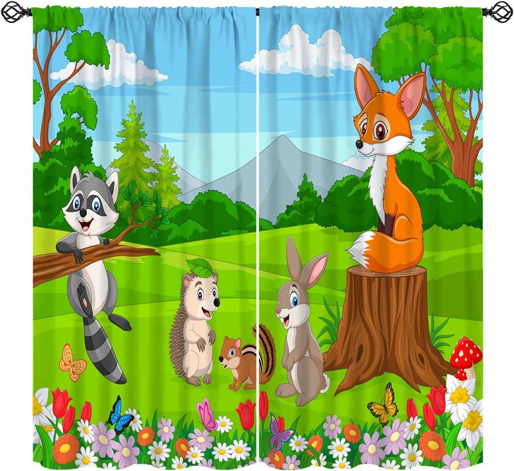 Kids Forest Animal Curtains, Rustic Cute Wild Animal Fox Deer Hedgehog Window Treatments Farmhouse Woodland Window Drapes For