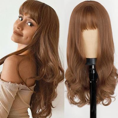 Long Wavy Wigs for Black Women African American Synthetic Hair Pink Brown Wigs with Bangs Heat Resistant Wig