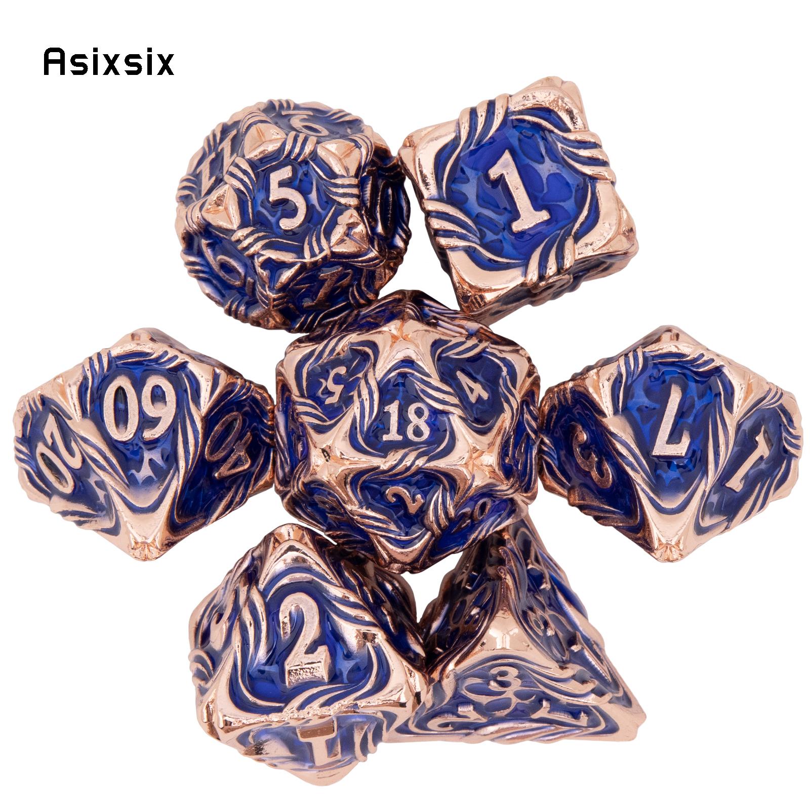 7 Pcs Yellow Blue Tree Vine Metal Dice Solid Metal Polyhedral Dice Set Suitable for Role-Playing RPG Board Game Dice RPG