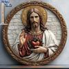 2D Flat Sacred Heart of Jesus Themed Round Wooden Plaque,Classic Style Home Decor for Living Room or Office,Life Wooden Decor for Bedroom Living