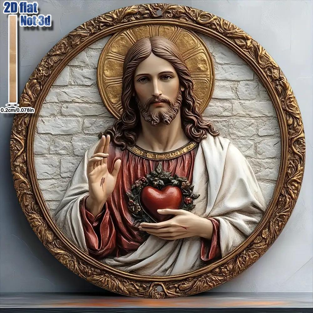 2D Flat Sacred Heart of Jesus Themed Round Wooden Plaque,Classic Style Home Decor for Living Room or Office,Life Wooden Decor for Bedroom Living