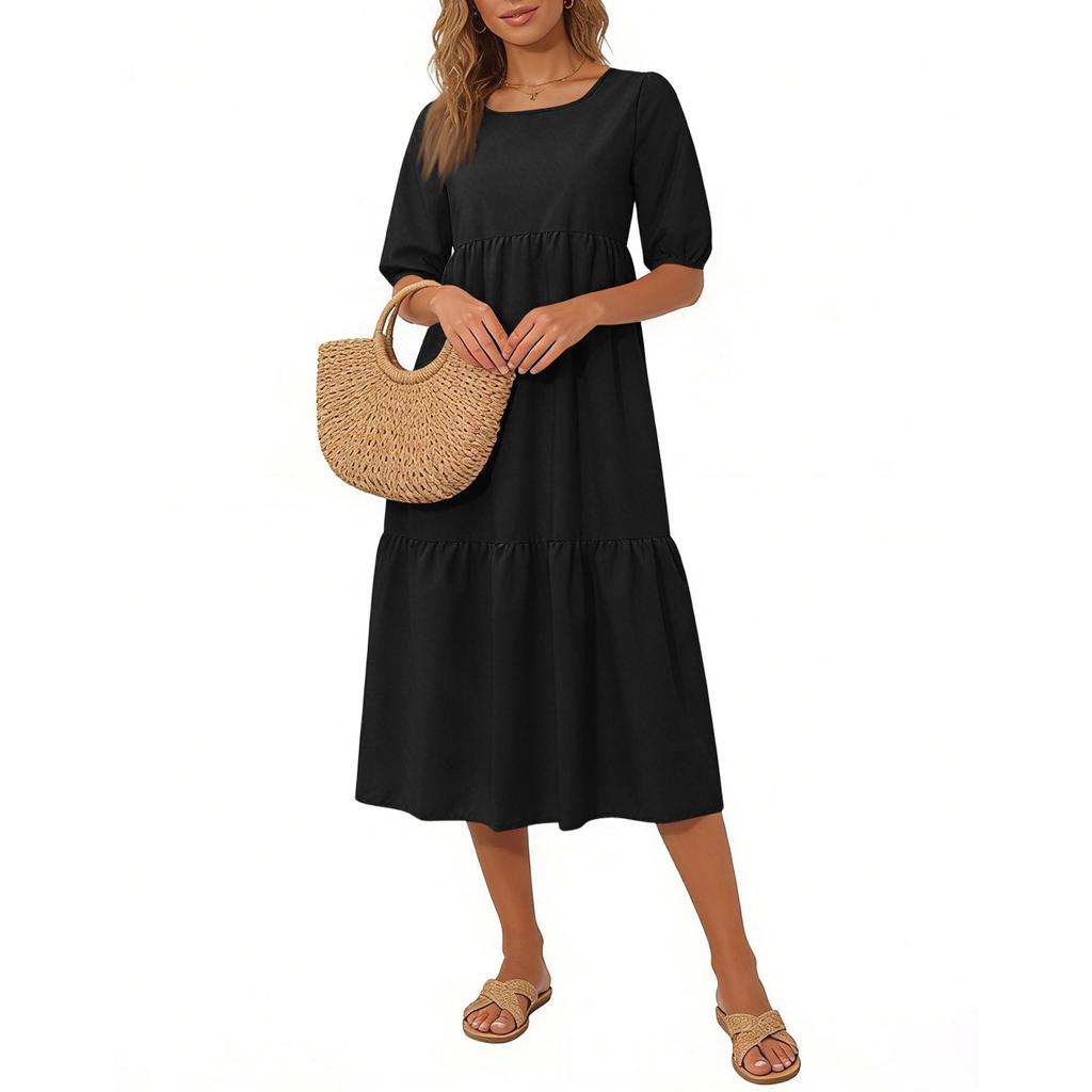 Fashion Women Loose Puff Sleeve Casual Short Sleeves Dress
