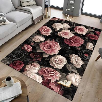 1PC Rose Floral Extra Large Non Slip Floor Carpet, Office, Family, Studio Large Area Rug Indoor Rugs, Bold Statement Piece