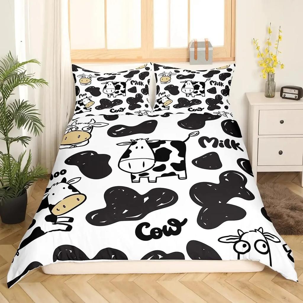 Milk Cow Pattern Bedding Set King Queen Animals Theme Comforter Cover Chocolate Brown Duvet Cover Cute Kawaii Cattle Quilt Cover
