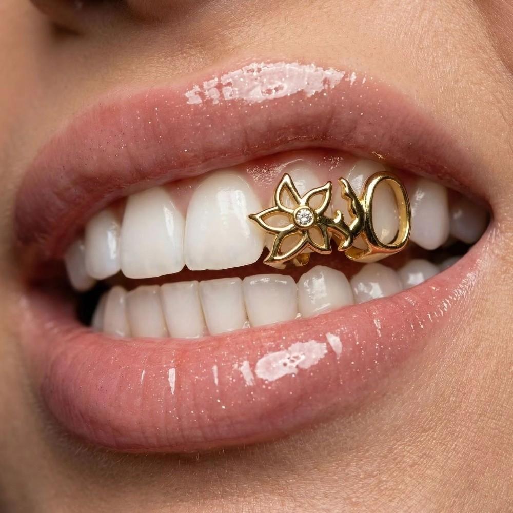 Glossy Finish Double Hollow Flower Grillz Silver Irregular Shape Tooth Grills Teeth Grillz  Party