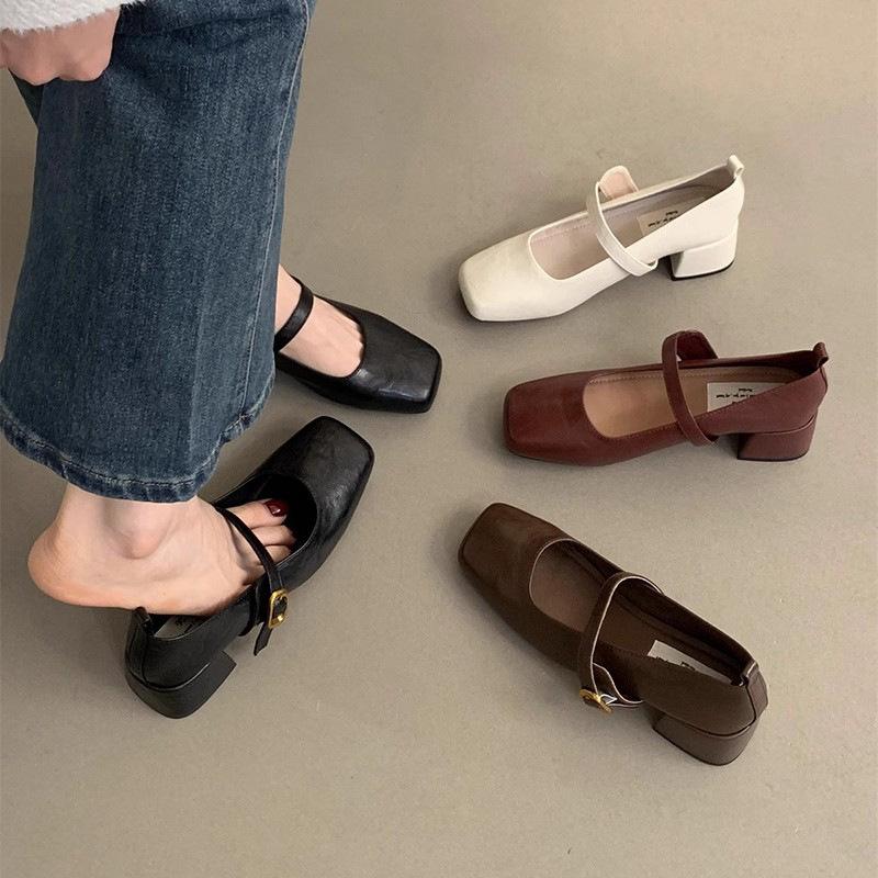 Retro kvadrātveida purngals, atvērta mute, vienas kurpes sievietēm, vidējs papēdis, pavasara un rudens temperaments, biezs papēdis, Mary Jane mazās ādas kurpes