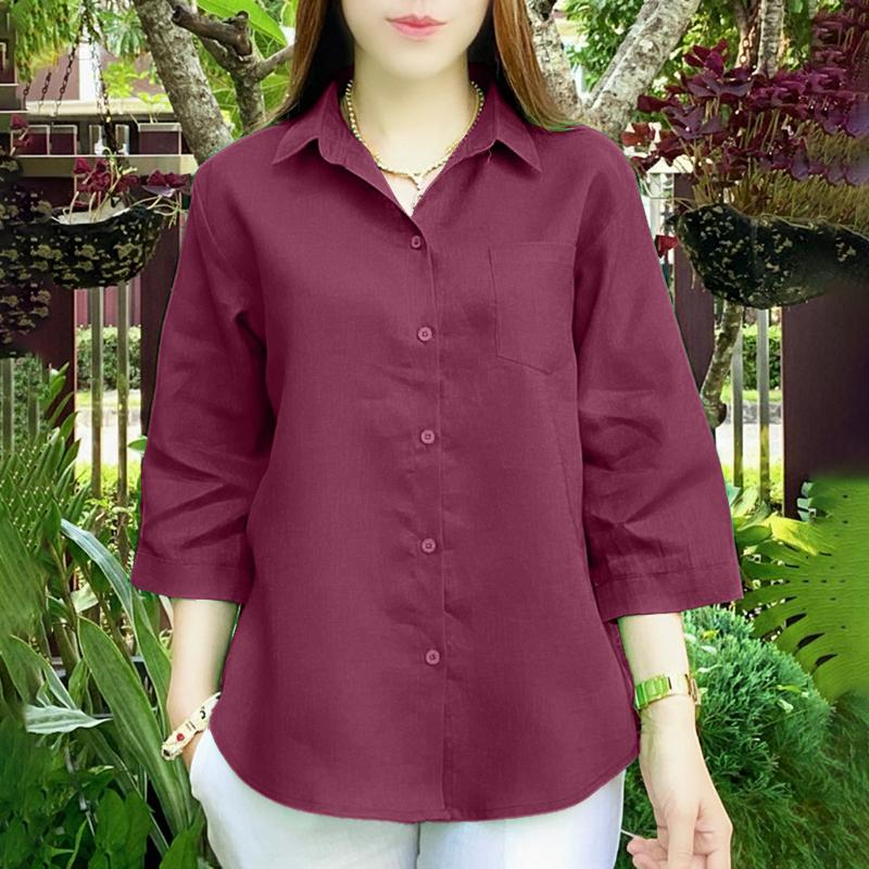 

ZANZEA Женская повседневная блузка свободного кроя с отложным воротником, однотонная, с рукавами 3/4 5XL