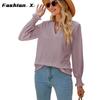New Solid Color Hollow Shrink Ruffle Sleeve V-Neck Loose Long Sleeve Top