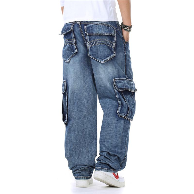 Jeans For Men Men's Straight Denim Cargo Pants Biker Jeans Men Baggy Loose Blue Jeans With Side Pocket