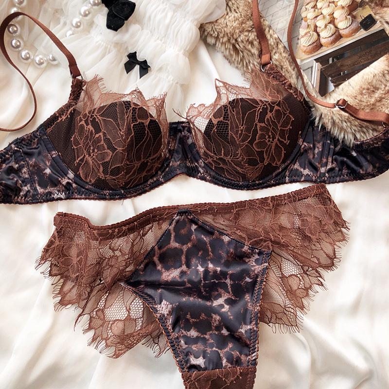 

Французский сексуальный комплект нижнего белья с леопардовым принтом, женский кружевной бюстгальтер с вышивкой, пуш-ап, тонкая чашка, удобное нижнее белье, комплект из бюстгальтера и трусиков больших размеров XXL коричневый