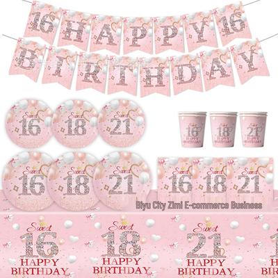 Grenzüberschreitendes rosa Geburtstagsfeier-Geschirr: 16., 18., 21. & 1. Feier Pappteller & Tischdecke Dekoration