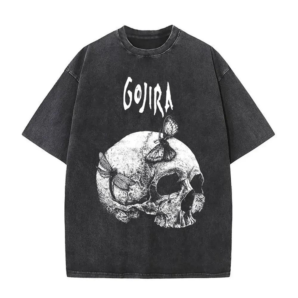Distressed Black Gojira (Band) LifeDeath Theme Graphic TShirt Skull Butterfly Print Apparel for Heavy Metal Fans Tshirt S