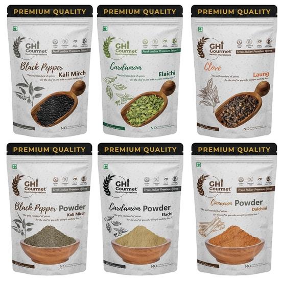 

GOURMET HEALTH IMPRESSIONS Superior Grade Spices | Whole Black Pepper 100g, Clove 50g, Green Cardamom 8mm+ 50g | Cinnamon Powder 75g Each 425GM