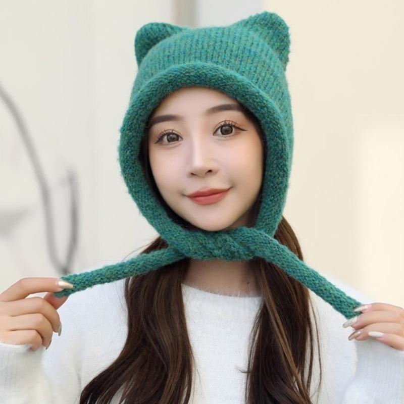 Unisex Solid Color Crochet Hat Cat Kitten Ear Shape Hat Warm Fluffy Winter Crochet Warm Skiing Supplies for Adult Teens