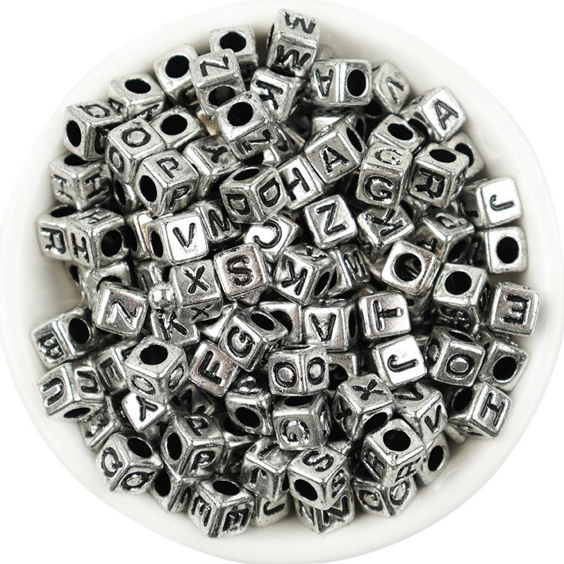 Гальванизированные акриловые бусины-буквы - Квадратные/Круглые смешанных цветов, Большое отверстие для DIY бисероплетения
