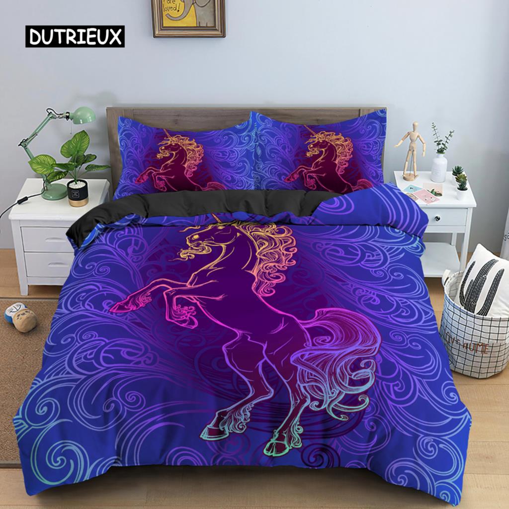 Unicorn Duvet Cover King Queen Cartoon Animal Bedding Set Kids Teens Adults Lovely White Magical Creatures Polyester Quilt Cover