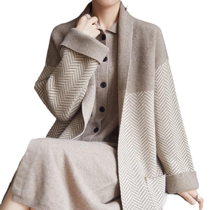 Dámský extra dlouhý zahuštěný kardigan s klopami 100% vlněný svetr šál - Volné podzimní/zimní pletené zboží.