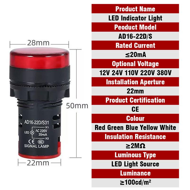 Indicator Signal Lamp Light Ad16-22Ds 22Mm Panel Mount Dc 12V 24V 110V 220V 380V Red Green Yellow Blue White Led Bulbs 20Ma