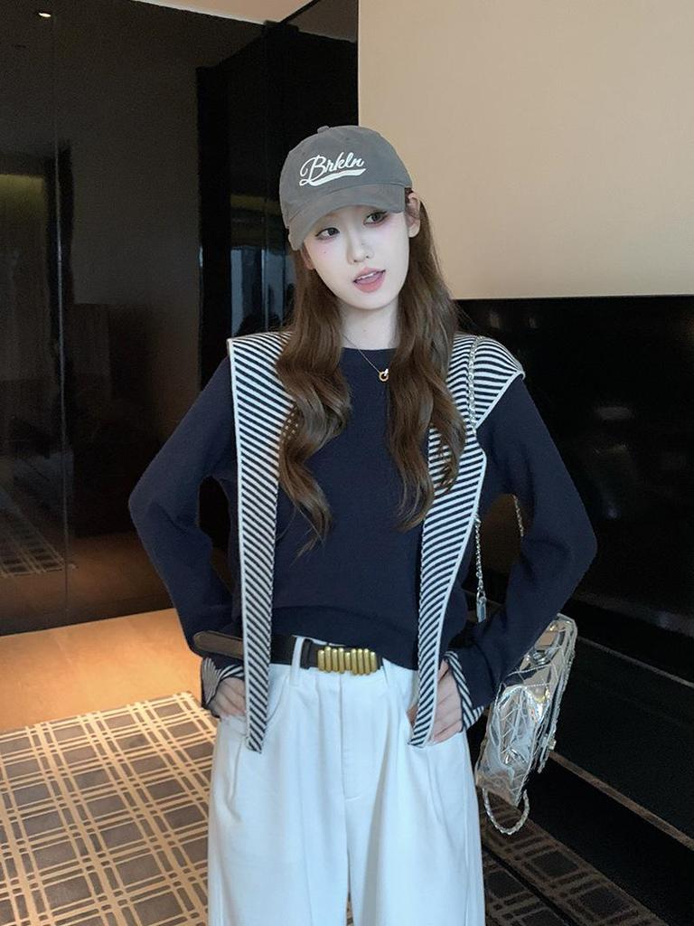 Autumn Korean Color-Block Striped Shawl & T-Shirt Women's College Style Top