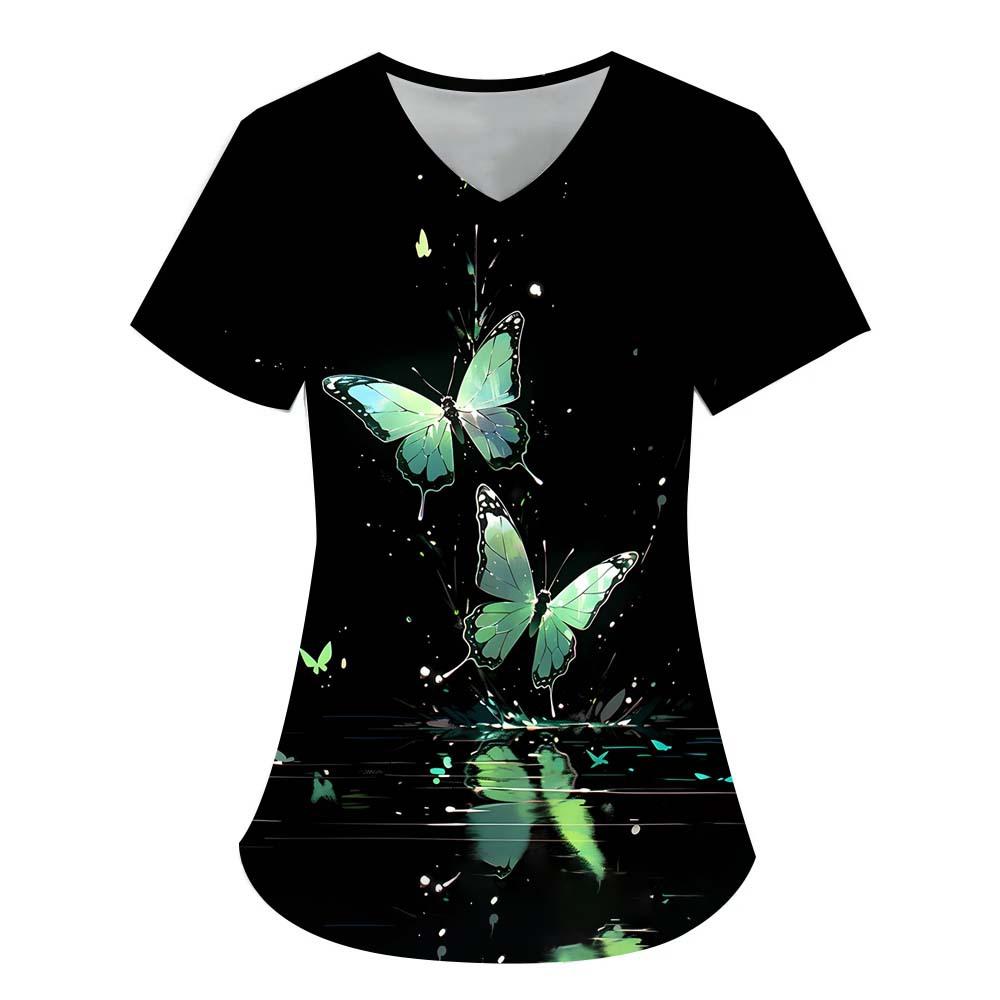 Damen T-Shirt V-Ausschnitt Krankenschwester Uniform Pendeln Schwarze Serie Schmetterlingsdruck Damen T-Shirt