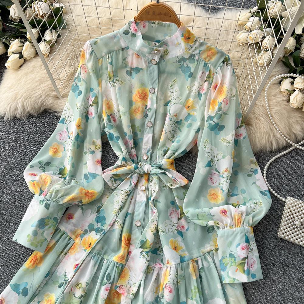 French style stand-up collar lantern sleeve printed dress women's summer waist thin ruffle A-shaped skirt