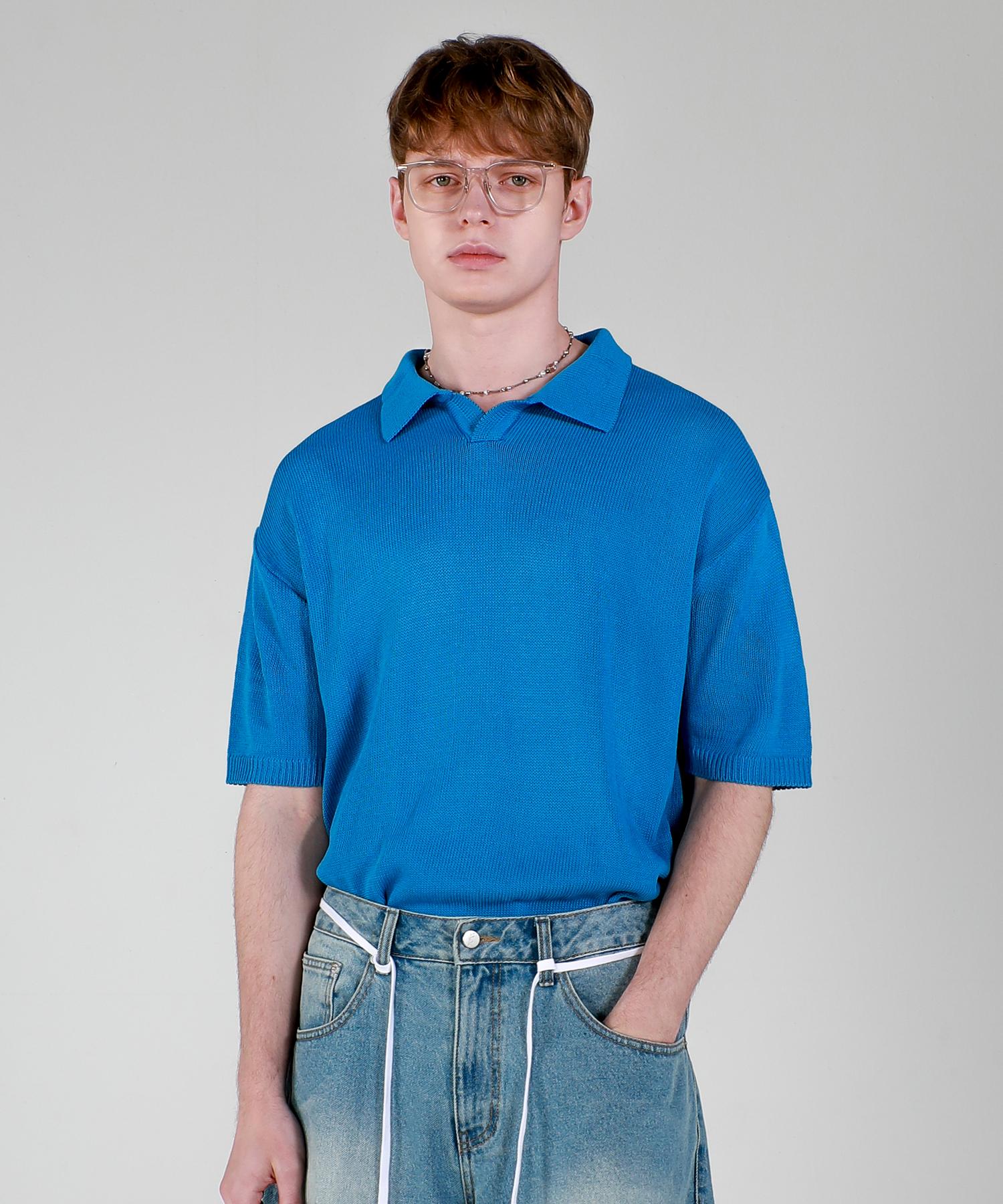Iesn Washable Collared Neck Short Sleeve Knit Blue L