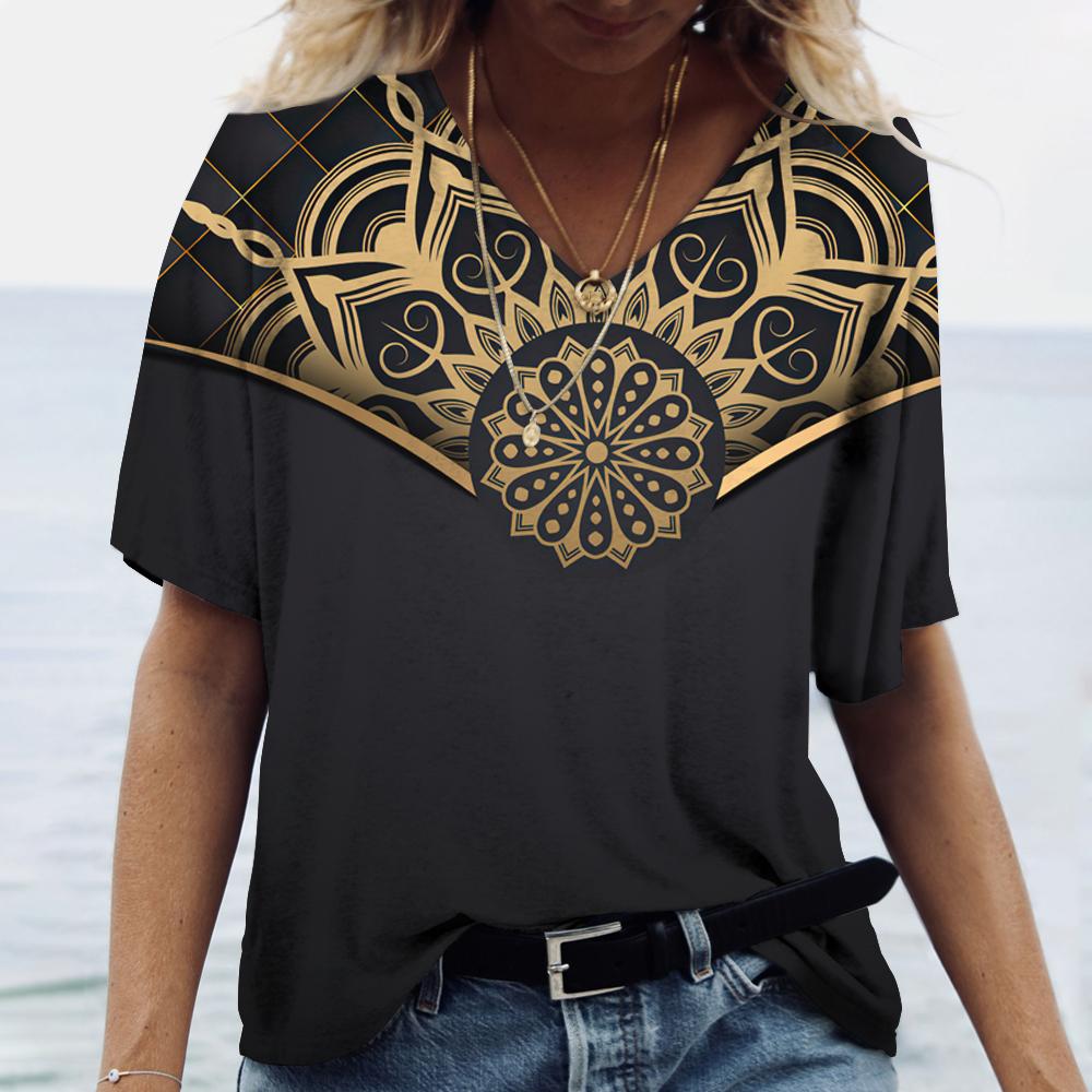 2023 neue frauen Kleidung Sommer Print T Shirt Mandala Gradienten Kurzarm Tops V-ausschnitt Pullover T-shirts Casual Streetwear plus Größe 5XL