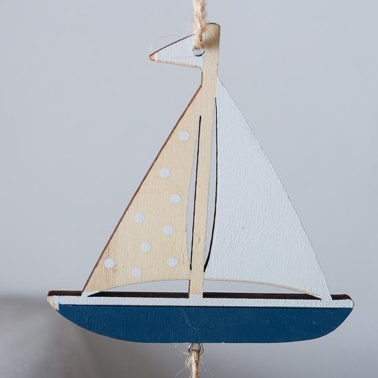 Beach Ocean Starfish Hanging Decoration with Bell Farmhouse Rustic Wooden Sailboat Shell Ornament Summer Nautical Coastal Wind Chime Pendant