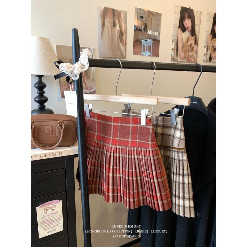 Kumikumi Retro Contrast Color Check Skirt Pleated Skirt Women's Autumn High Waist Woolen Easiest for Match A- line Skirt Skirt