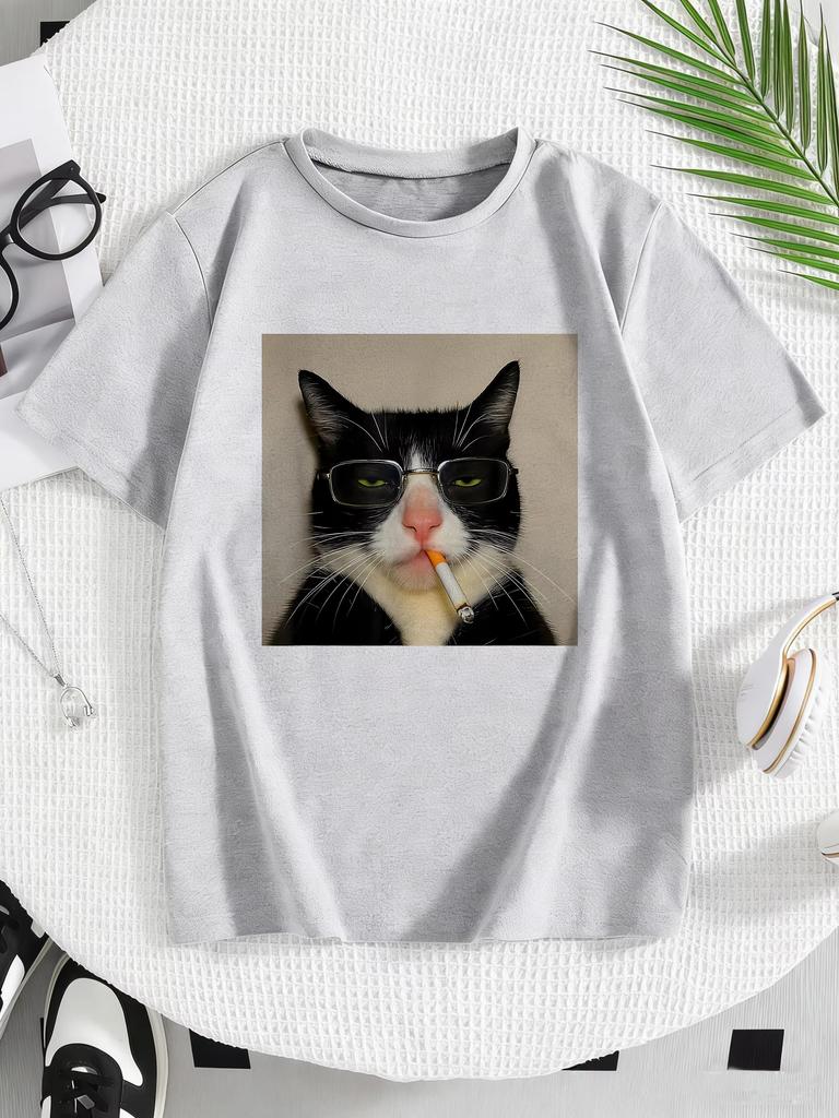 Fashion Retro Vintage Smoking Cat Design Print T Shirts pure cotton Unisex WomenTshirt Casual 2026 Summer Spring Casual Top Tee