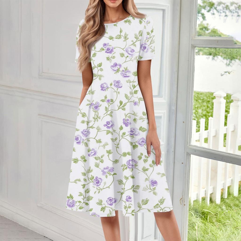 Women's Casual Fashion Round Neck Short Sleeve Floral Print Midi Dress