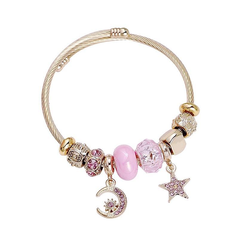 Four Leaf Clover Beaded Bracelet with Moon and Star Pendant Stainless Steel Jewelry for Women