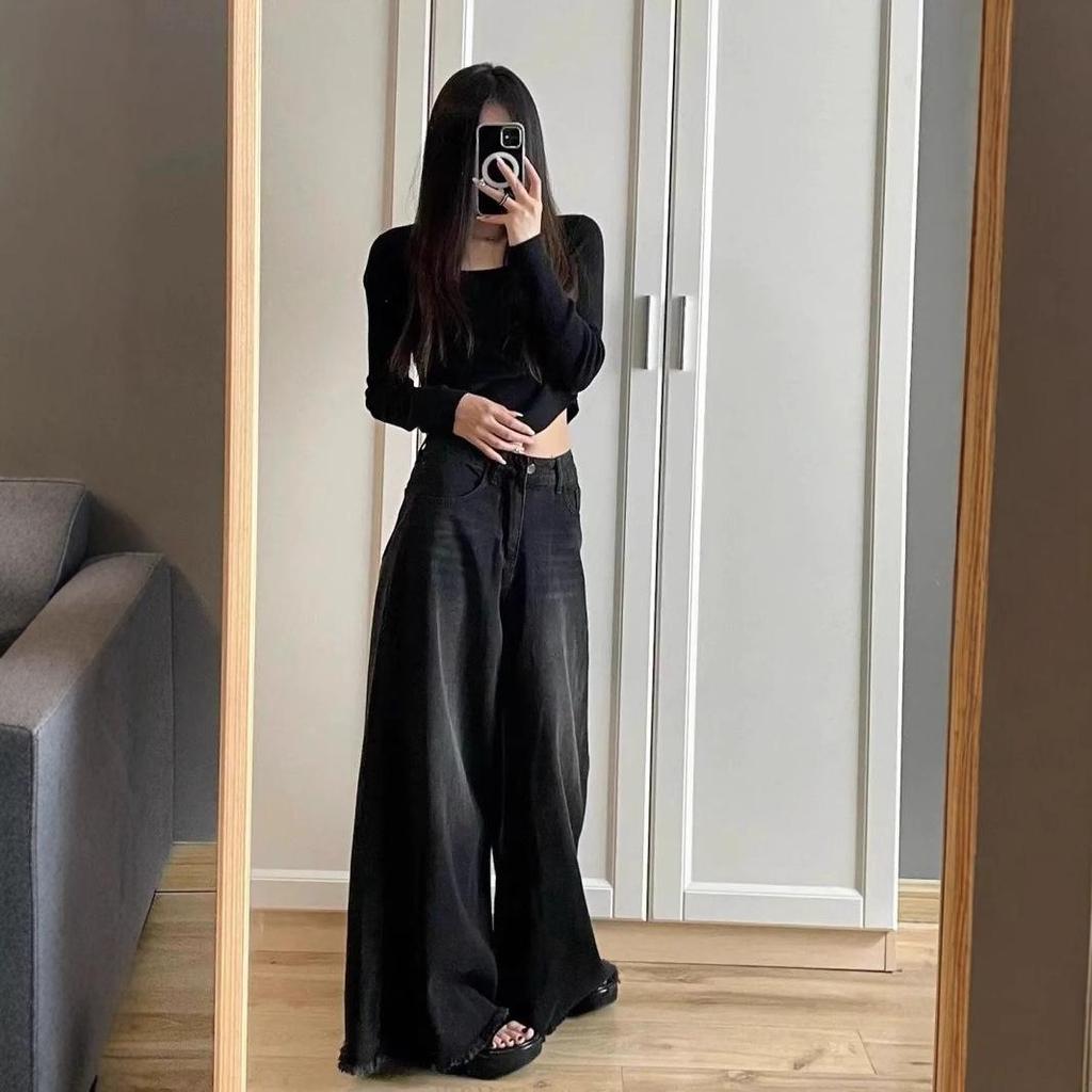 Women's Retro Black & Gray High Waist Wide-Leg Jeans - Slimming, Raw Hem, Floor-Length, Small Size