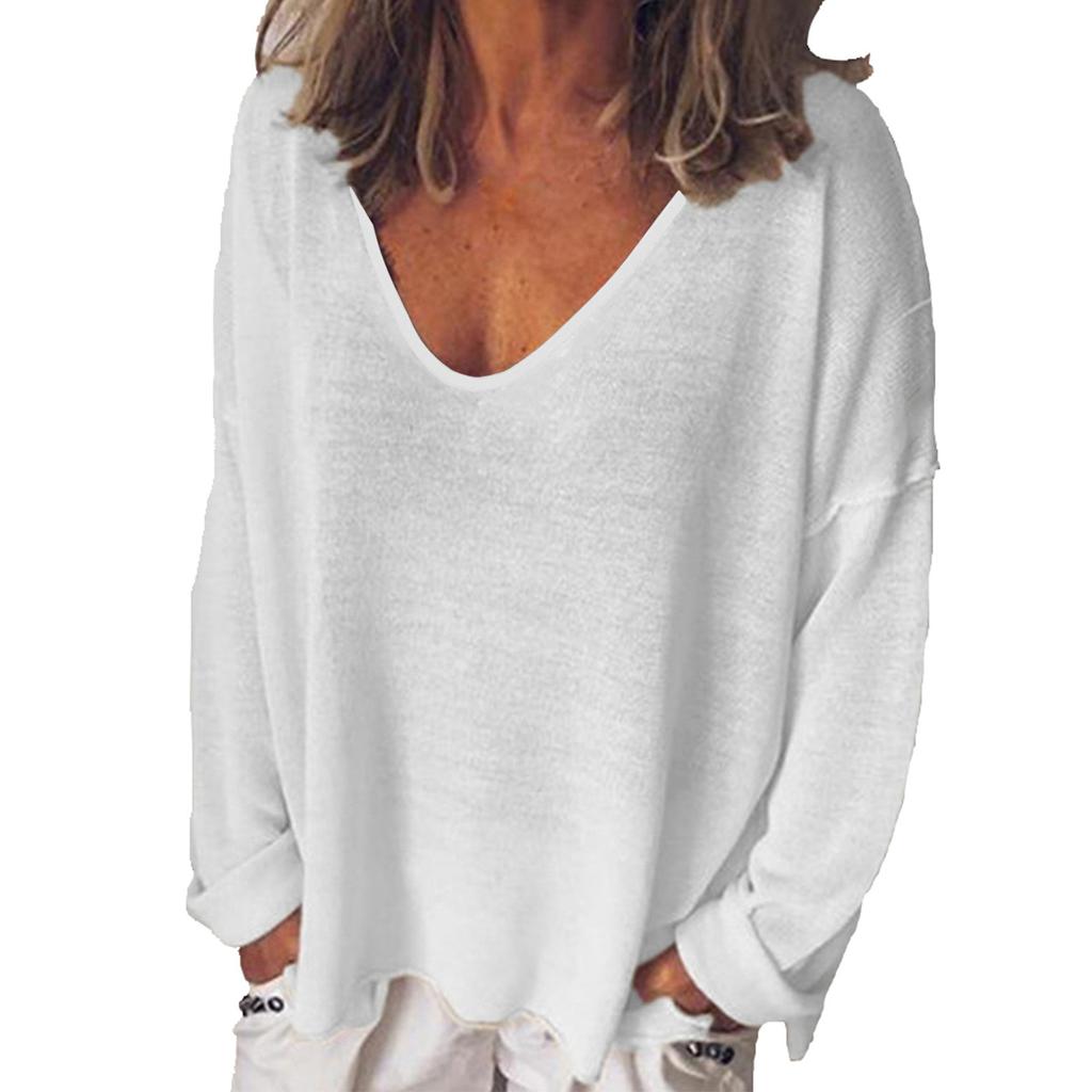 Fashion Summer Women T-Shirt Solid Color Casual Versatile Loose Tops V-Neck Blouses Long Sleeve Shirt Perspective Y2K Tops