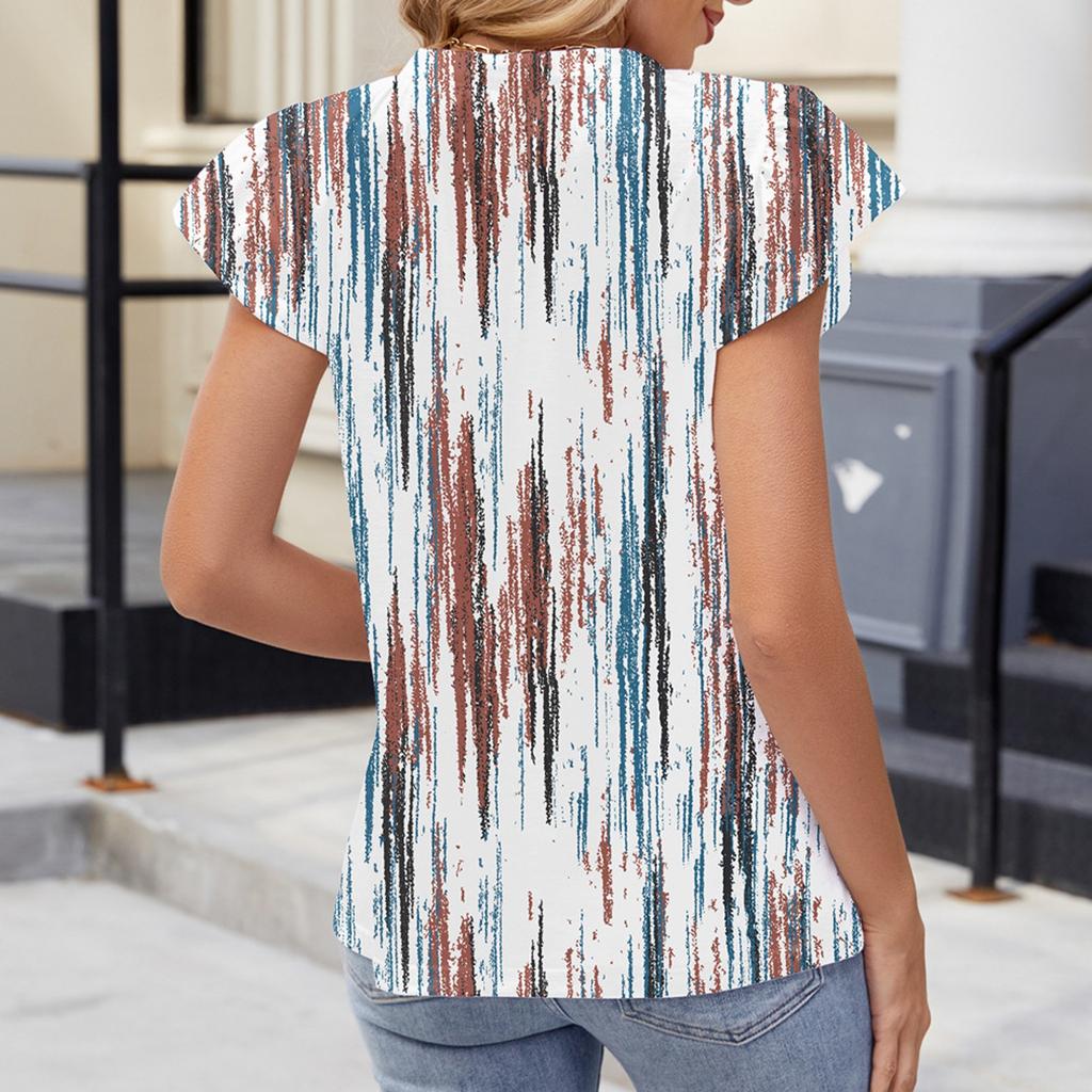 Women's Fashionable Casual Printed Ruffle Edge Shirt Button Short Sleeved Top Short Sleeved Top