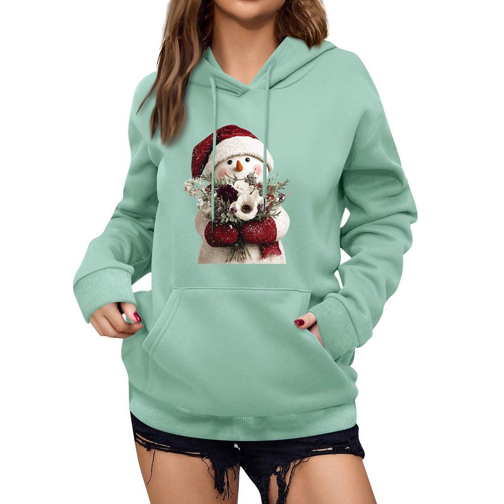 Women's Winter Christmas Printed Pullover Hooded Sweatshirt Fleece Long Sleeve Sweatshirt