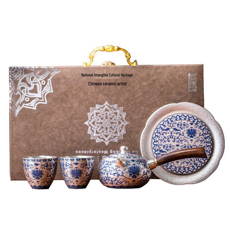 Blue & White Gilded Gongfu Tea Set: Teapot, 2 Cups & Tray In Gift Box for Home or Office.