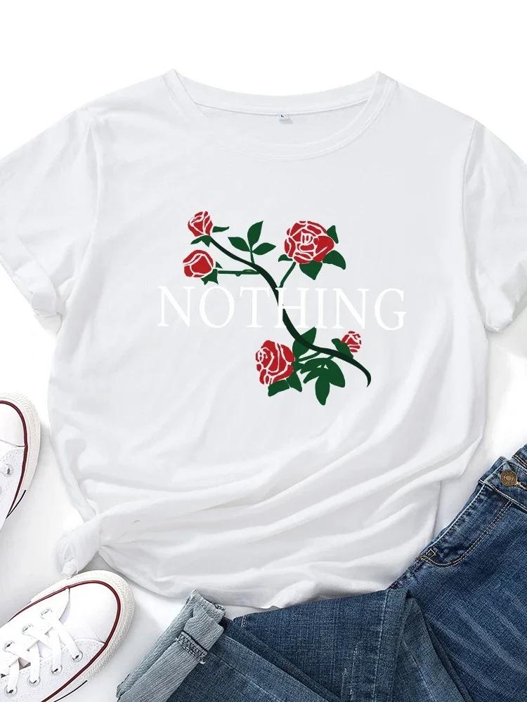 Nothing Rose Print T Shirt Women Short Sleeve O Neck Loose Tshirt Summer Women Causal Tee Shirt Tops Camisetas Mujer