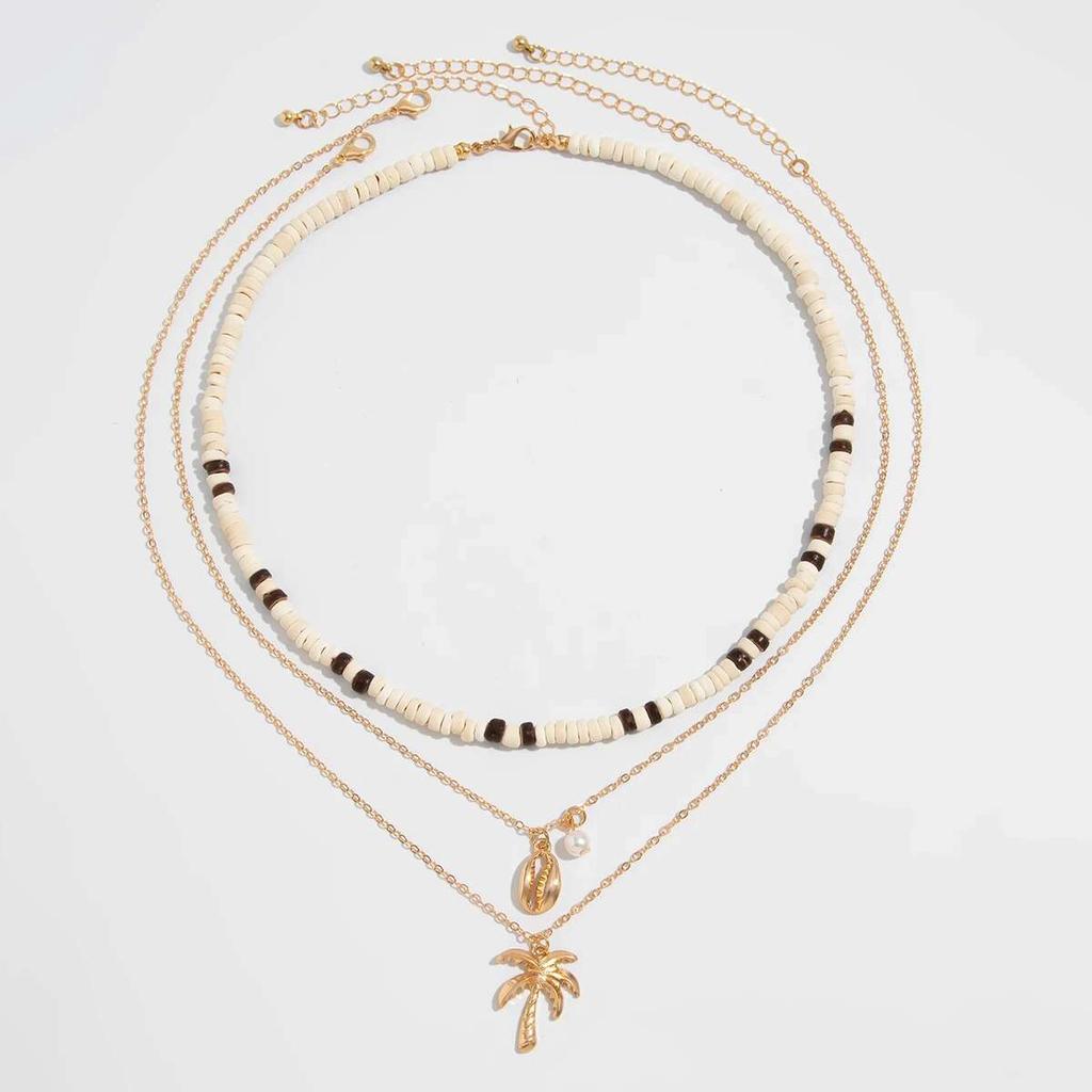 KunJoe 3Pcs Vintage Wooden Beads Chain Choker Necklace for Men Scallop Coconut Tree Pendant Necklace Male Jewelry on the Neck