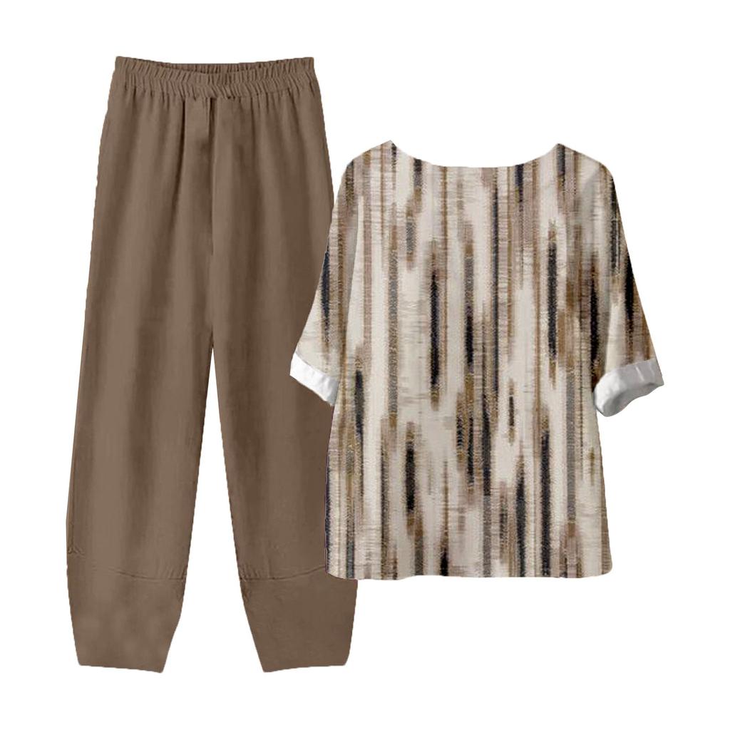 Women's Summer Half Sleeve Printed Tops Elastic Waist Nine Piece Pants Two Piece Set