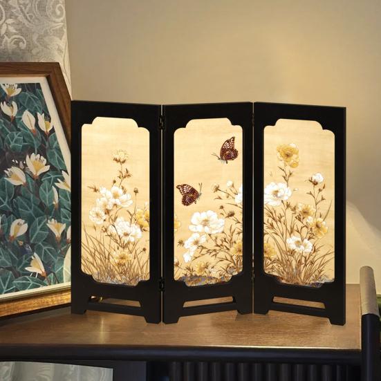 Yousheng Mini Floral Folding Screen Rustic 3 Panel Room Dividers Chinese Style Vintage Desktop Folding Screen Feng Shui Ornaments for Home Table Decor