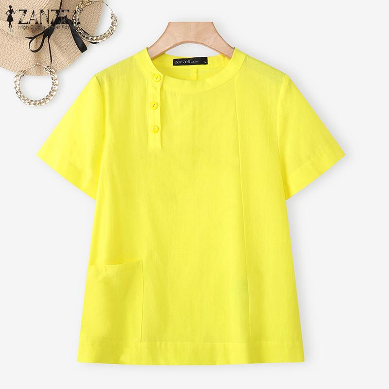 ZANZEA Lässige Bluse mit Rundhalsausschnitt, einfarbig, locker und kurzärmelig für Damen